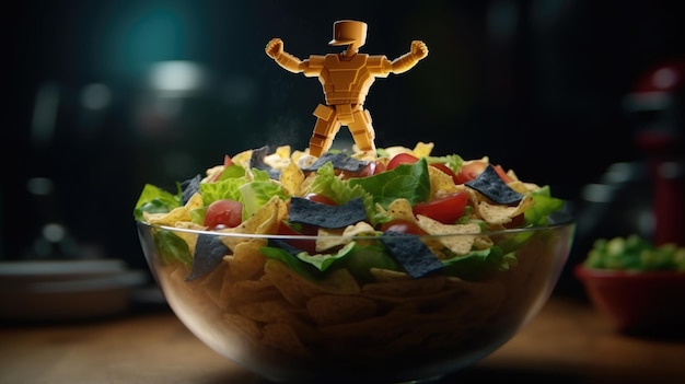Una ciotola di nachos con sopra un robot
