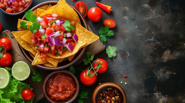 Una ciotola di nachos coperta di salsa circondata da pomodori, lime e salse