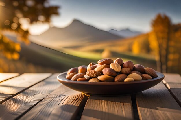 una ciotola di noci su un tavolo con una montagna sullo sfondo.