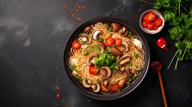 una ciotola di noodles con funghi e funghi su un tavolo