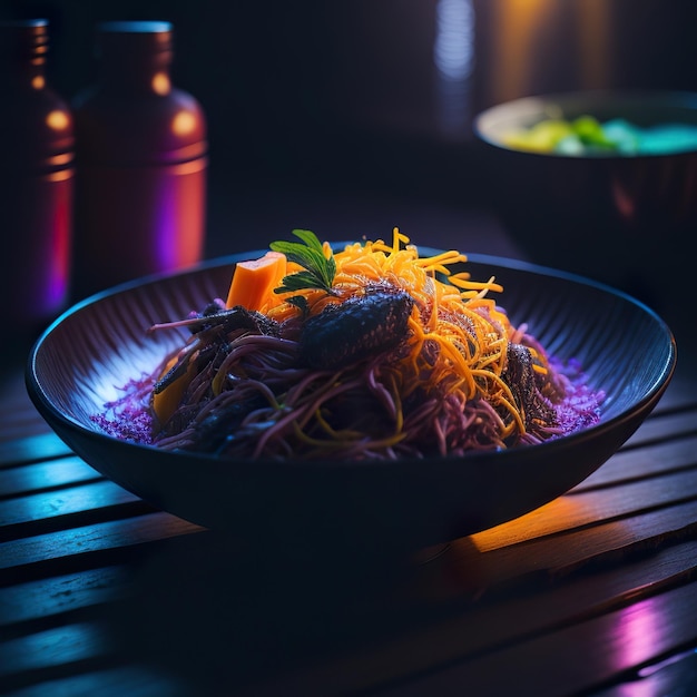 Una ciotola di noodles con una luce viola sul lato.