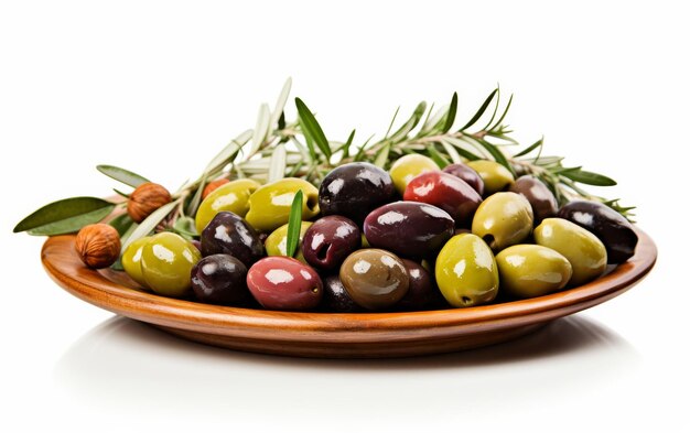 Una ciotola di olive con ramoscello di rosmarino