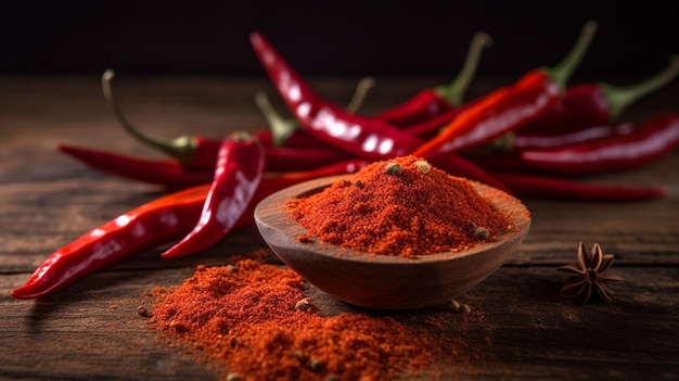 Una ciotola di paprika in polvere accanto a un mucchio di peperoncini rossi.