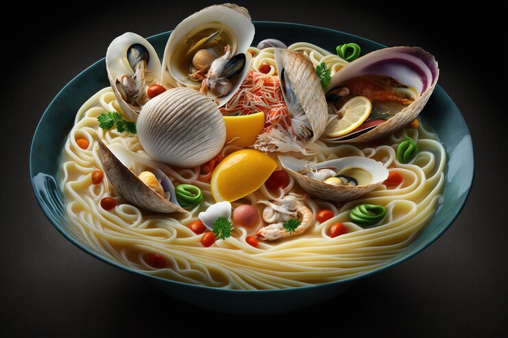 Foto una ciotola di pasta con frutti di mare e verdure.