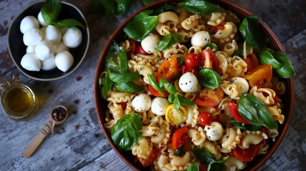 Una ciotola di pasta con mozzarella e basilico