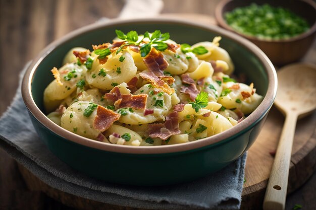 Una ciotola di pasta con pancetta e formaggio