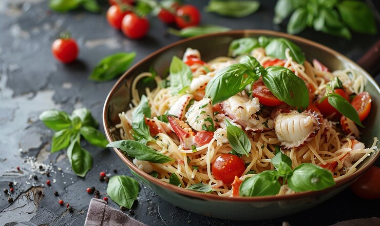 Foto una ciotola di pasta con pollo e verdure su un tavolo