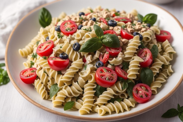 Una ciotola di pasta con pomodori, basilico e basilico su un tavolo bianco.