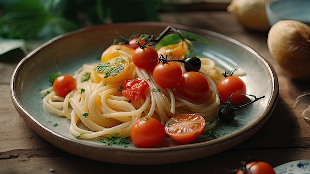 Una ciotola di pasta con pomodori e