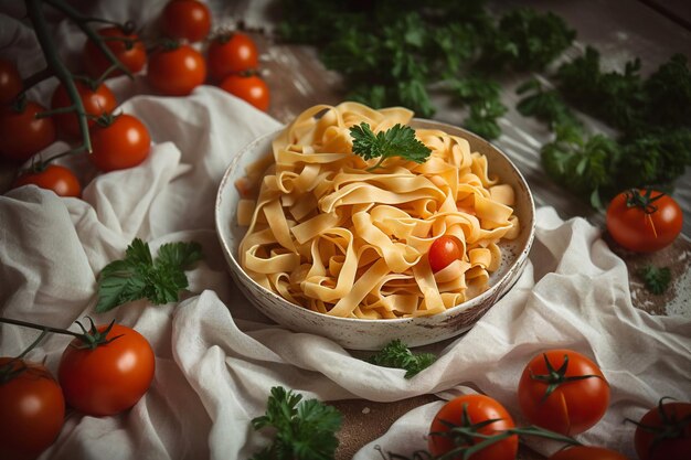 Una ciotola di pasta con pomodori su un tavolo