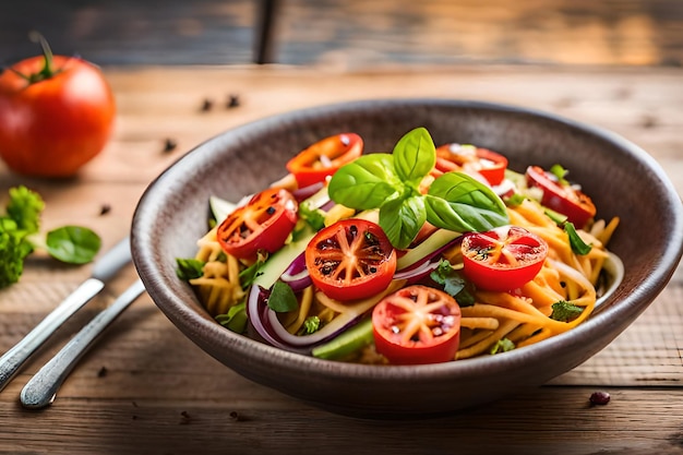 Una ciotola di pasta con pomodoro, cetriolo, basilico e basilico su un tavolo di legno.