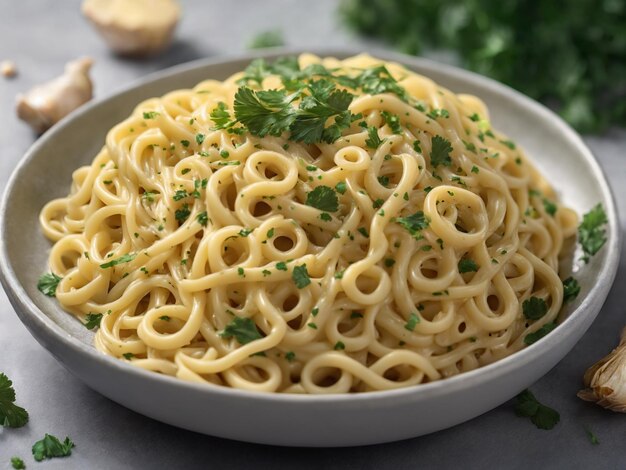 una ciotola di pasta con prezzemolo e prezzemolo.