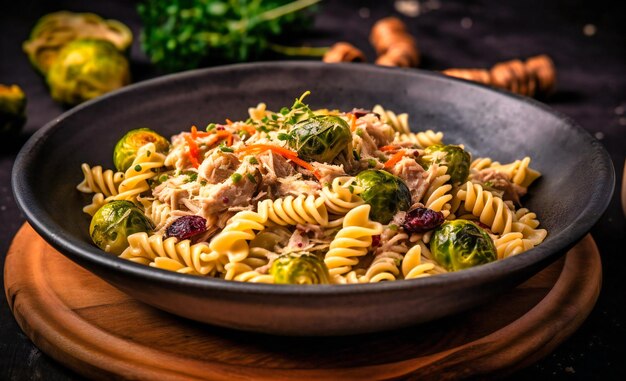 una ciotola di pasta con salsa e tonno e cavolo di Bruxelles