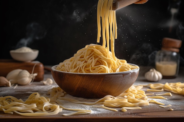 Una ciotola di pasta con una mano che tiene uno spaghetto che è stato fatto dallo chef italiano.