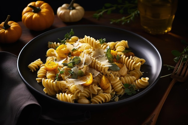 Una ciotola di pasta con zucche e prezzemolo su un tavolo.