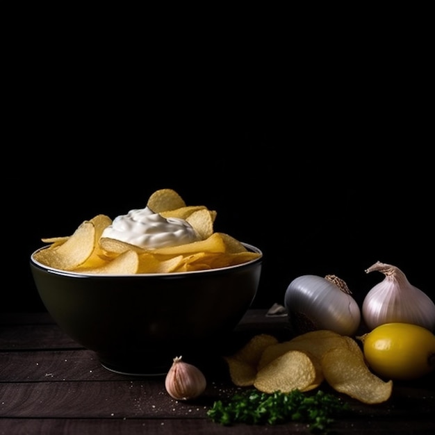 Una ciotola di patatine con uno sfondo nero