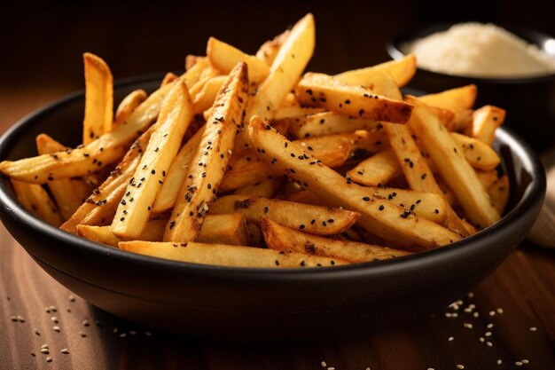 una ciotola di patatine fritte con condimenti e condimenti.