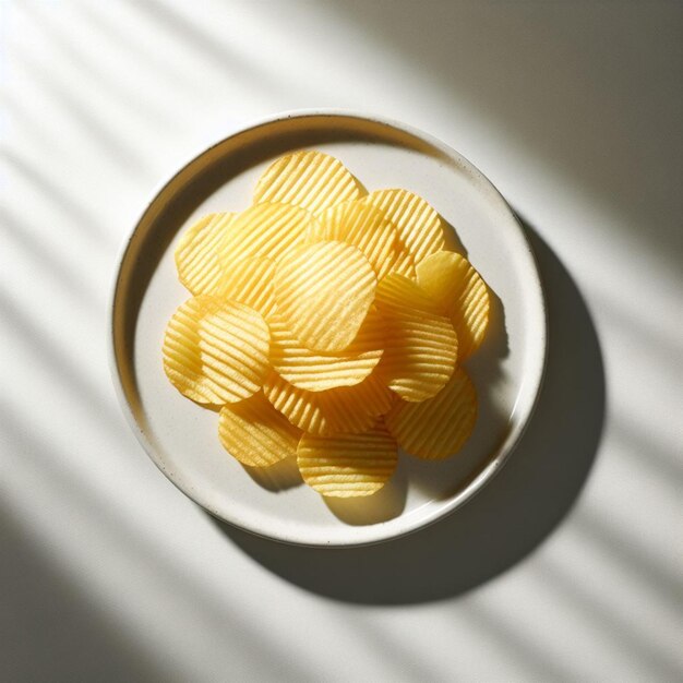 una ciotola di patatine fritte con un guscio giallo su sfondo bianco