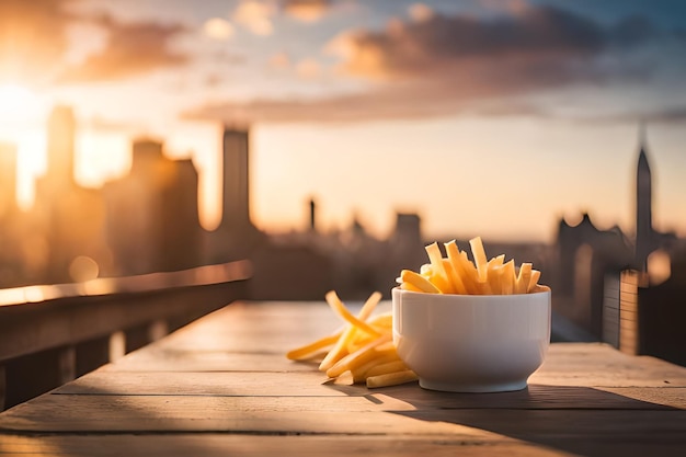 Una ciotola di patatine fritte si siede su un tavolo con uno skyline della città sullo sfondo.