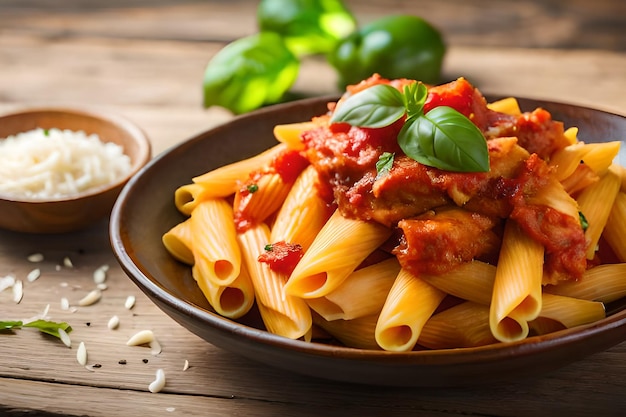 Una ciotola di penne con pollo e salsa di pomodoro