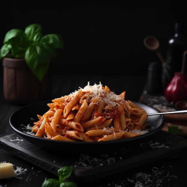 Una ciotola di penne con salsa di pomodoro e parmigiano su un tavolo nero.