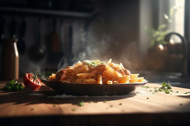 Una ciotola di penne con un pomodoro sul tavolo