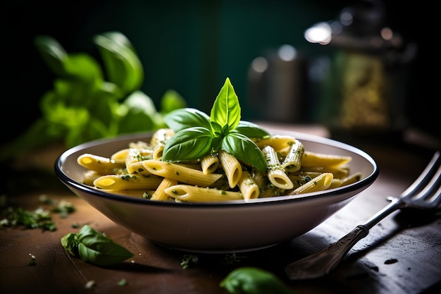 Una ciotola di penne sul tavolo di legno