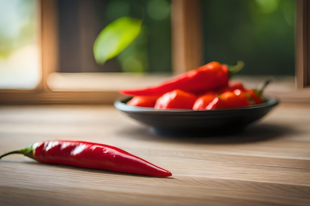 Una ciotola di peperoncini rossi si trova su un tavolo.