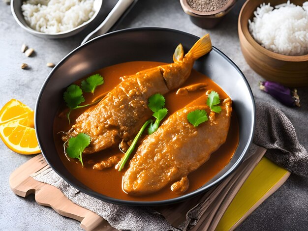 Una ciotola di pesce al curry con riso e un cucchiaio di legno sul lato.