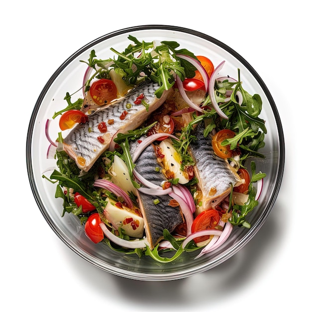 una ciotola di pesce e verdure con un bordo d'argento.