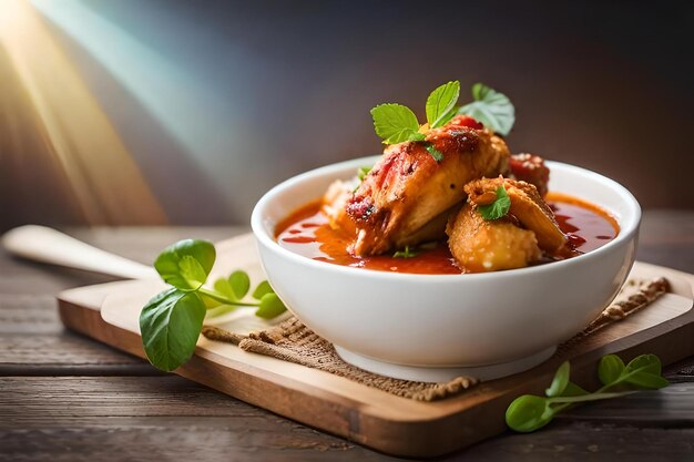 Una ciotola di petto di pollo con salsa e foglie di menta su una tavola di legno.