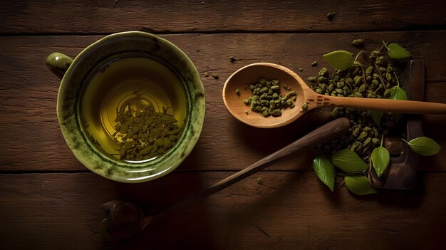 Una ciotola di piselli e un cucchiaio di legno con sopra la parola verde