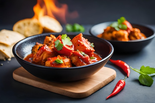 Una ciotola di pollo al curry con peperoncino rosso su una tavola di legno con un fuoco in background