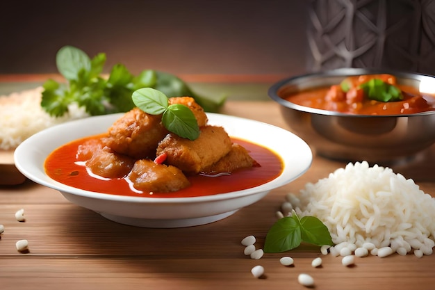 Una ciotola di pollo al curry con riso e basilico sul lato.