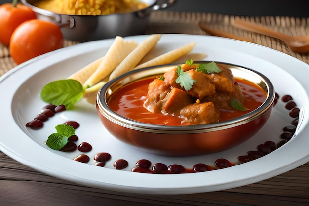 Una ciotola di pollo al curry con riso e verdure su un tavolo.