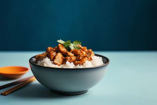 Una ciotola di pollo al curry con riso su un tavolo blu.