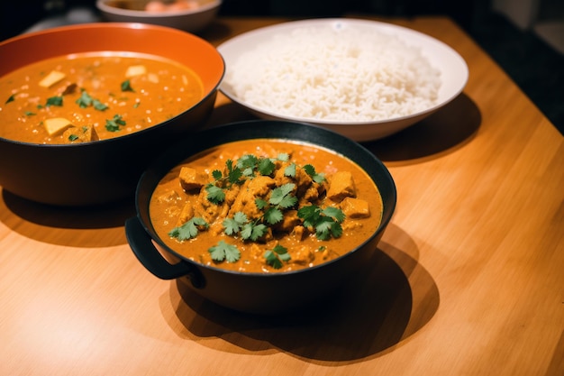 Una ciotola di pollo al curry con riso su un tavolo.