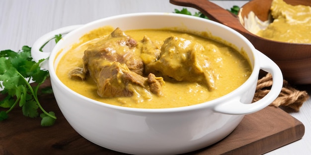 Una ciotola di pollo al curry con un cucchiaio sul lato