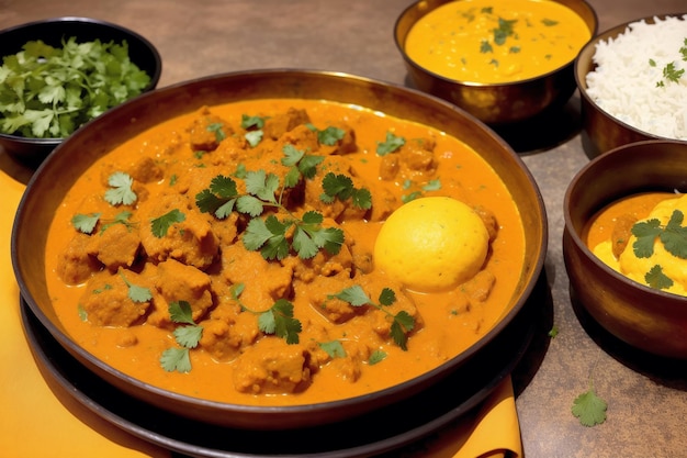 Una ciotola di pollo al curry con un limone sul lato