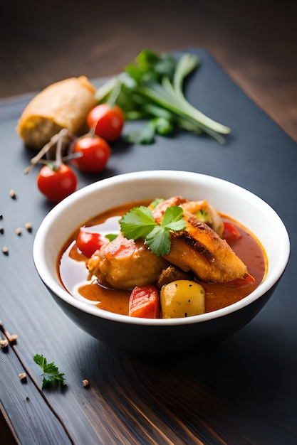 Una ciotola di pollo al curry con verdure su sfondo nero