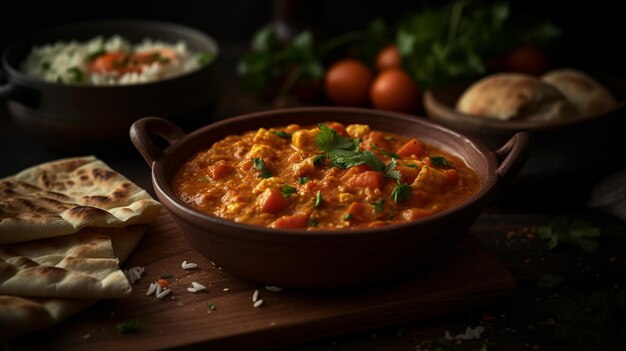 Una ciotola di pollo al curry si trova su un tavolo di legno con pane e pane sullo sfondo.