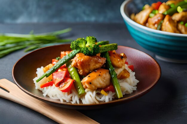 Una ciotola di pollo con riso e verdure su un tavolo.