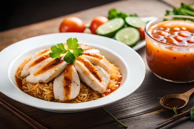 Una ciotola di pollo e noodles con una ciotola di salsa e una ciotola di salsa chili.