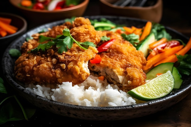 Una ciotola di pollo fritto con riso e verdure.