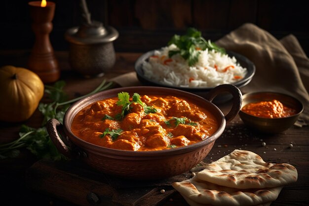 Una ciotola di pollo tikka masala con un contorno di pane naan e un piatto di pane naan