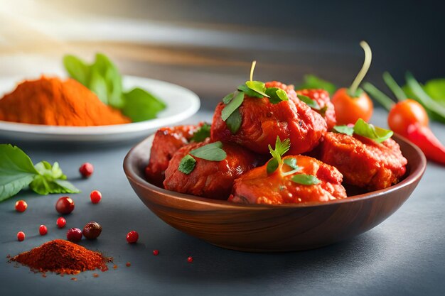 Una ciotola di polpette con un piatto di paprika e un piatto di peperoncino e peperoncino.