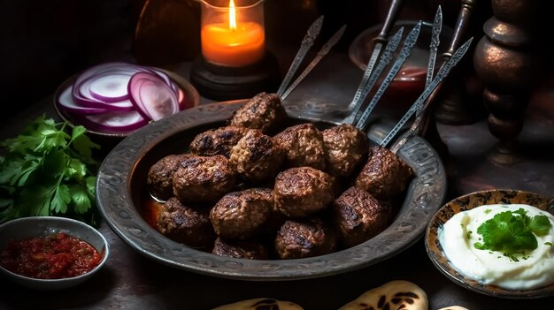 Una ciotola di polpette con una candela dietro