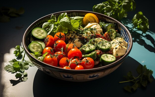 una ciotola di pomodori, cetrioli e cetrioli.