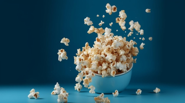 una ciotola di popcorn che è blu