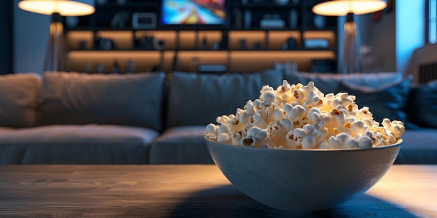 una ciotola di popcorn su un tavolo con una TV sullo sfondo